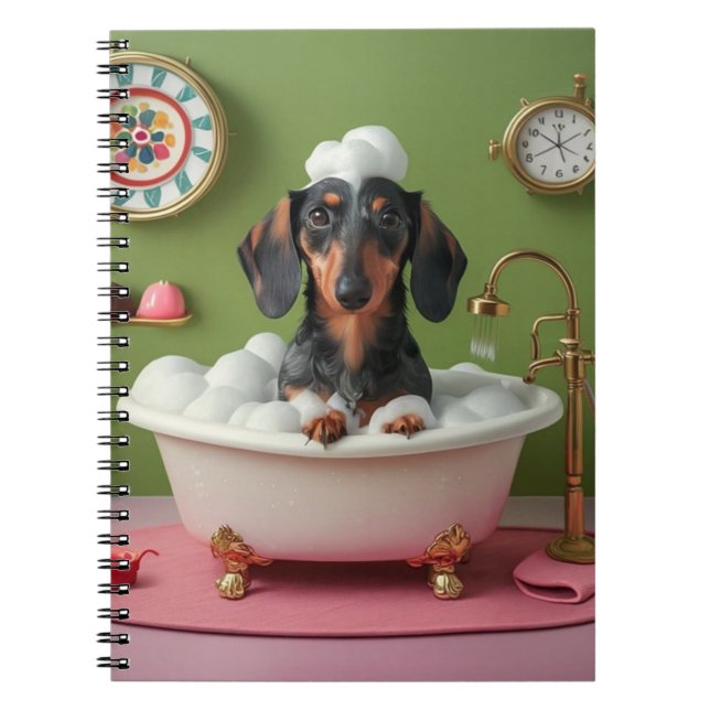 Dachshund Taking Bubble Bath in Tiny Tub Whimsical Notebook (Front)