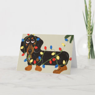 Dachshund Tangled In Christmas Lights Blk/Tan Holiday Card