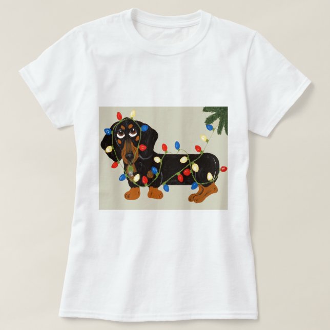 Dachshund Tangled In Christmas Lights Blk/Tan T-Shirt (Design Front)