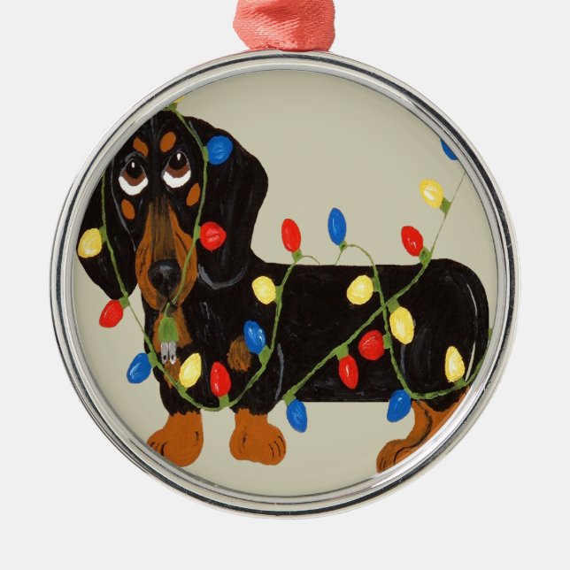 Dachshund Tangled In Christmas Lights Blk/TanOrnam Metal Tree Decoration (Front)