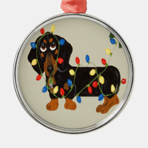 Dachshund Tangled In Christmas Lights Blk/TanOrnam Metal Tree Decoration