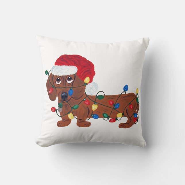 Dachshund Tangled In Christmas Lights (Red) Cushion (Front)