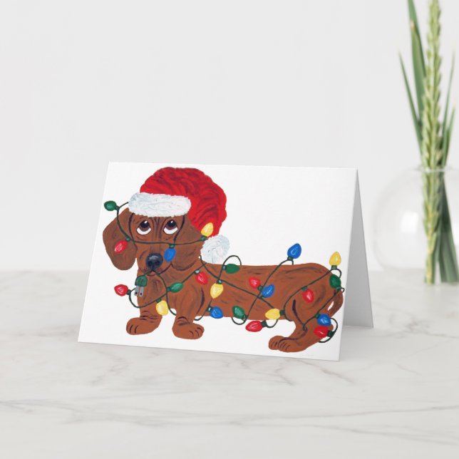 Dachshund Tangled In Christmas Lights (Red) Holiday Card (Front)
