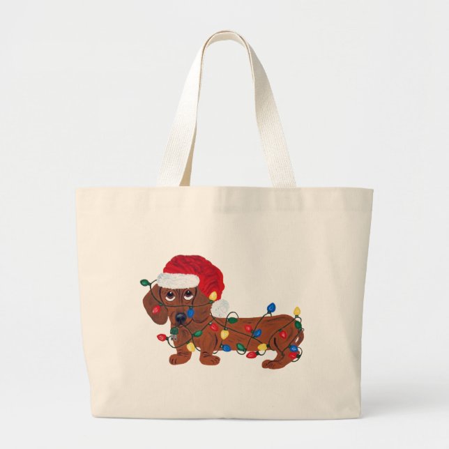 Dachshund Tangled In Christmas Lights (Red) Large Tote Bag (Front)