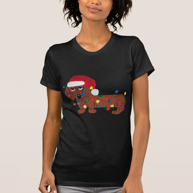 Dachshund Tangled In Christmas Lights (Red) T-Shirt (Front)
