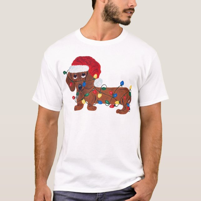 Dachshund Tangled In Christmas Lights (Red) T-Shirt (Front)