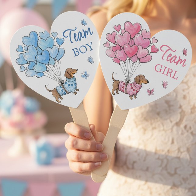 Dachshund Team Boy Team Girl Gender Reveal Hand Fan (Team Boy / Girl Fans - Teenie Weenie Sweetheart Dachshund Gender Reveal collection by Darling & May)