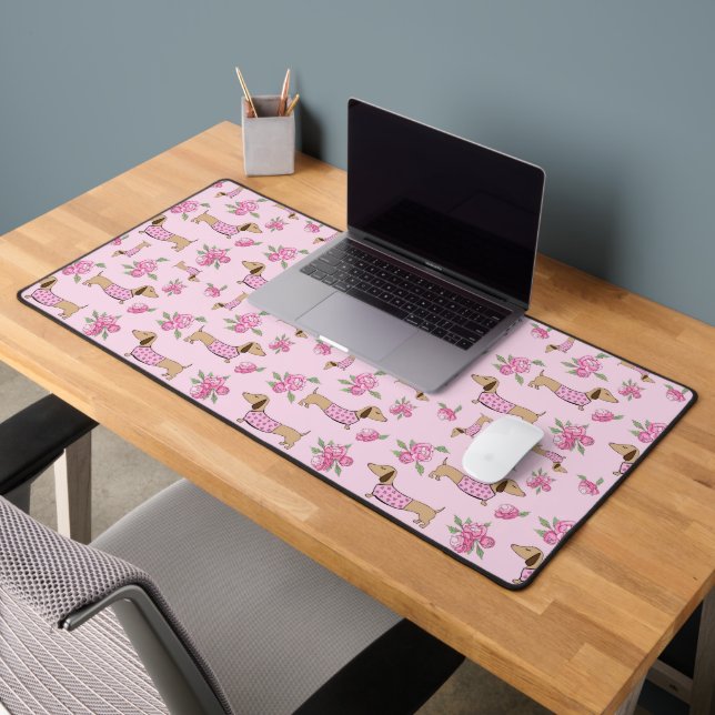Dachshund themed desk mat | Pink floral peonies (Office 2)