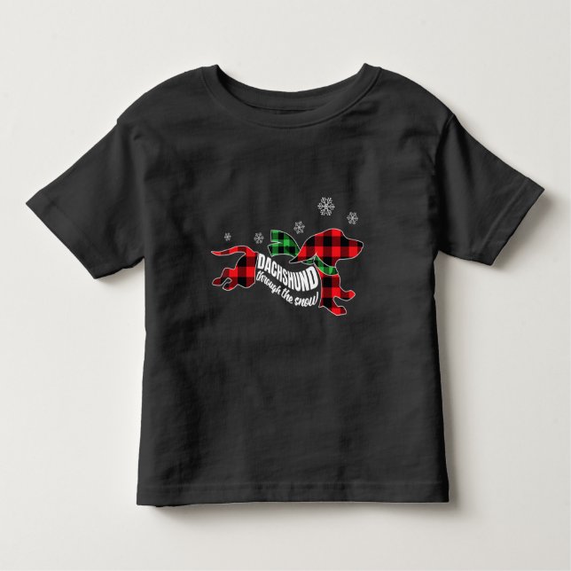 Dachshund Through Snow Doxie Dog Plaid Christmas Toddler T-Shirt (Front)