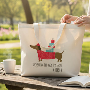Dachshund Through The Snow Christmas Dog Fun Name Large Tote Bag