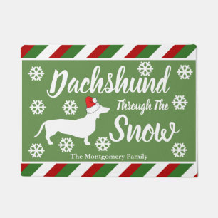 Dachshund Through The Snow Christmas Stripes Doormat