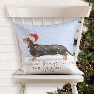 DACHSHUND THROUGH THE SNOW Cute Christmas Monogram Cushion