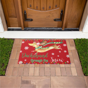 Dachshund Through the Snow Cute Dog Christmas Red Doormat