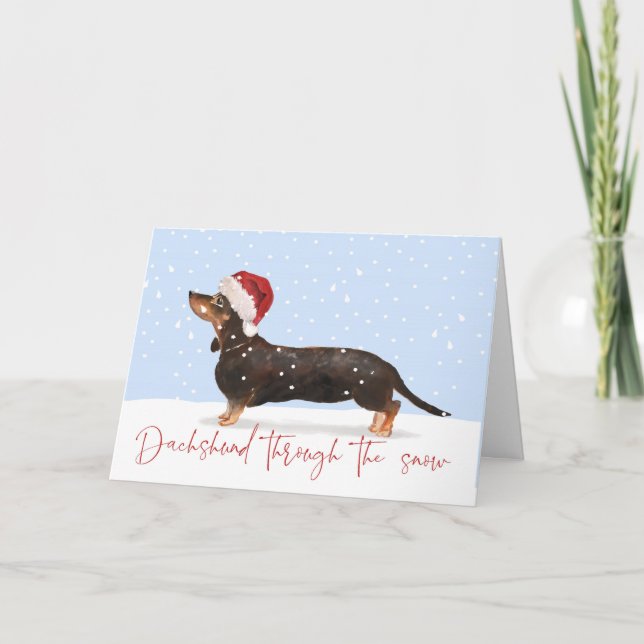 DACHSHUND THROUGH THE SNOW Cute Holiday Greeting Card (Front)