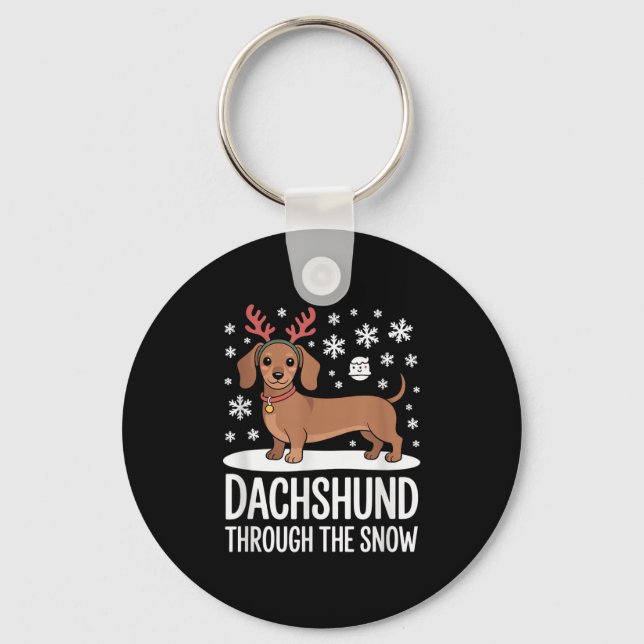 Dachshund Through The Snow Cute Reindeer Christmas Key Ring (Front)