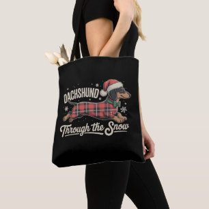 Dachshund Through The Snow Dog Christmas Plaid Tote Bag