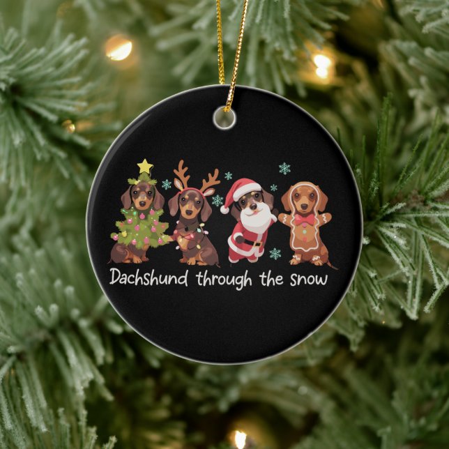 Dachshund Through The Snow Funny Christmas Dogs Ceramic Ornament (Tree)