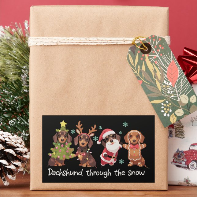 Dachshund Through The Snow Funny Christmas Dogs Rectangular Sticker (Holiday)