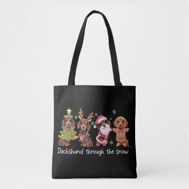 Dachshund Through The Snow Funny Christmas Dogs Tote Bag (Front)