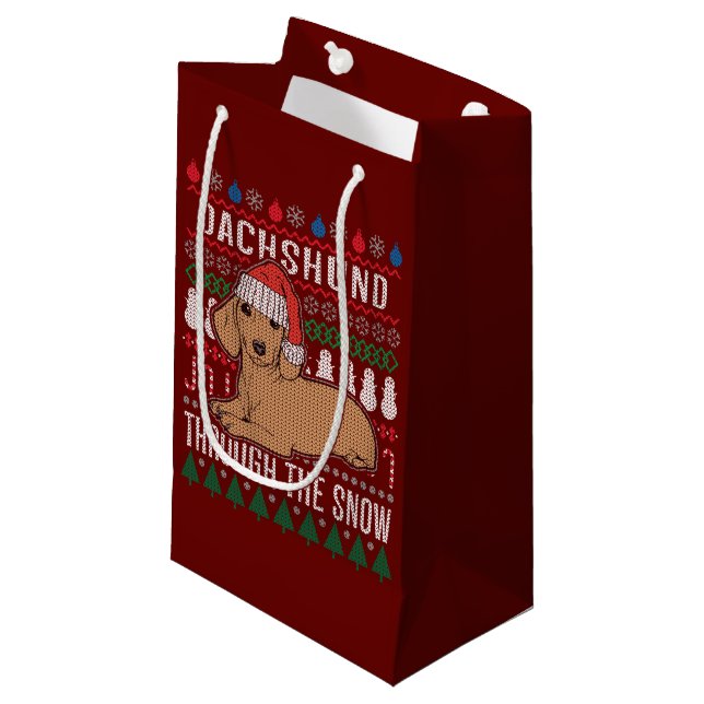Dachshund Through The Snow Ugly Christmas Sweater Small Gift Bag (Front Angled)