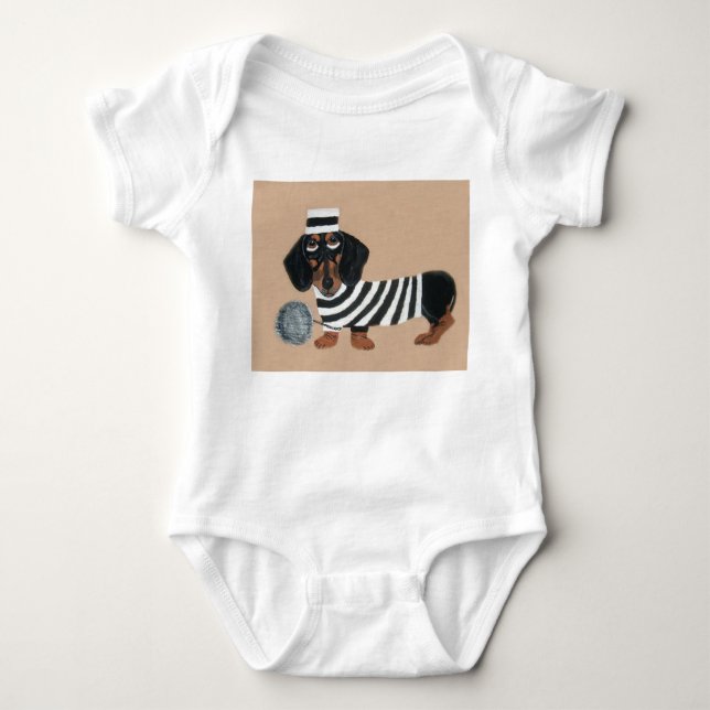 Dachshund Treat Thief Jailbird Baby Bodysuit (Front)