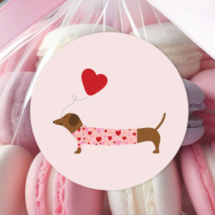 Dachshund Valentine, Valentine's Day Pink and Red Classic Round Sticker