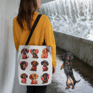 Dachshund Valentine with Red Heart Watercolor  Tote Bag
