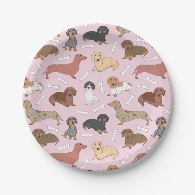 dachshund variety pattern in pink paper plate (Front)