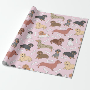 dachshund variety pattern in pink wrapping paper