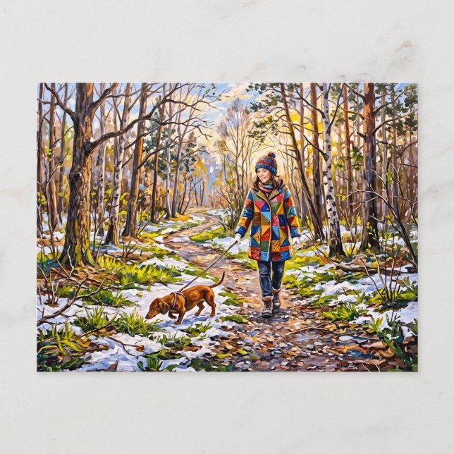 Dachshund Walking Along Sunlit Snowy Forest Path Postcard (Front)