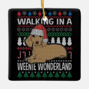 Dachshund Walking In A Weenie Wonderland Ceramic Ornament