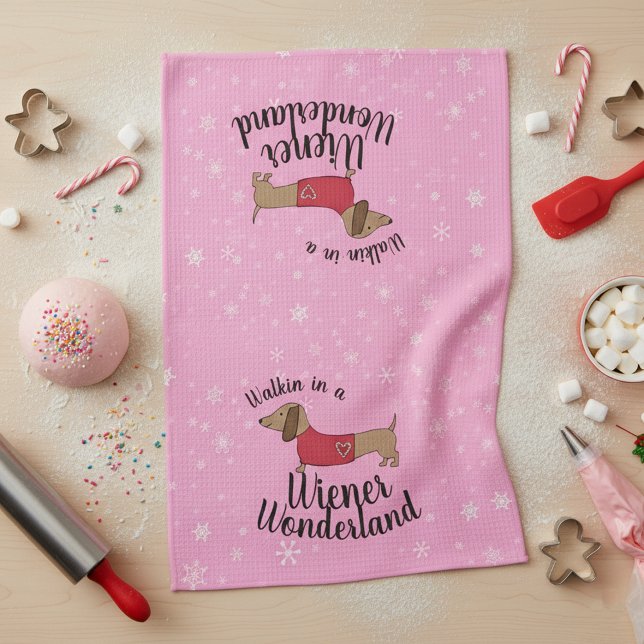 Dachshund  Walking in a Wiener Wonderland Doxie  Tea Towel (Walking in a wiener wonderland dachshund kitchen dish towel for Christmas decor)