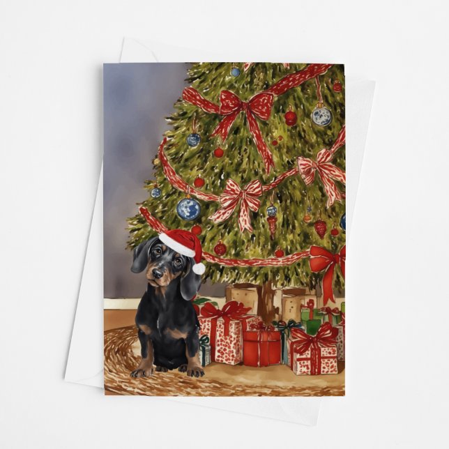 Dachshund Watercolor Under the Christmas Tree Card (Creator Uploaded)
