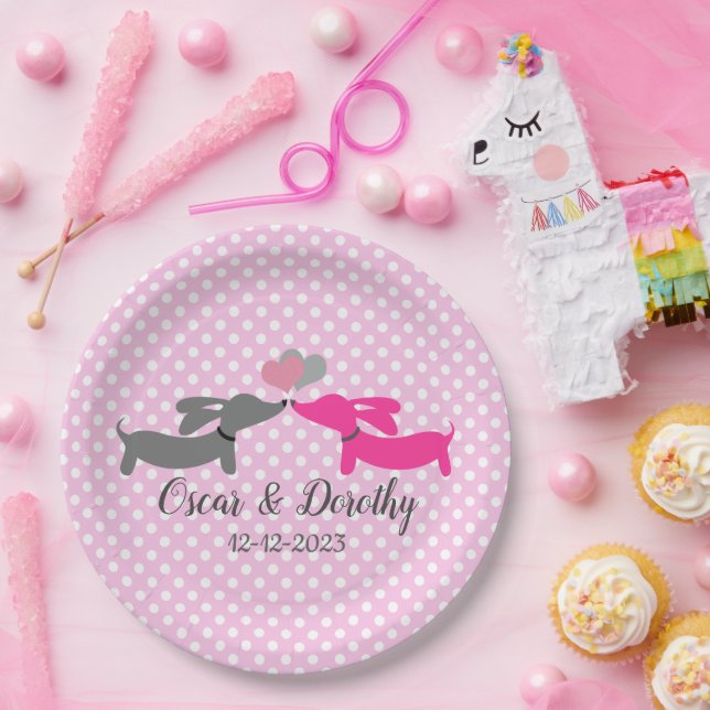 Dachshund Wedding Personalise Pink Kissing Doxies Paper Plate (Party)