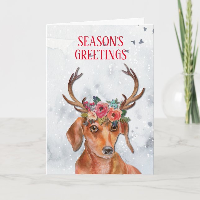 Dachshund Weiner Doxie Daxi Dog Floral Antlers Hol Holiday Card (Front)