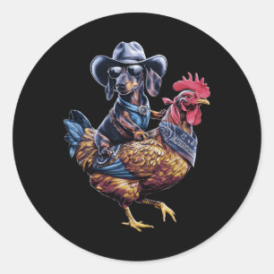 Dachshund Wiener Cowboy Riding A Chicken For Dog L Classic Round Sticker