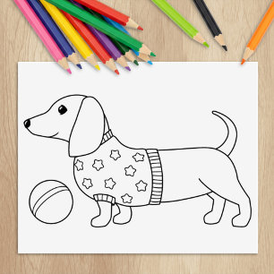 Dachshund Wiener Dog and Ball Colouring Page Rubber Stamp