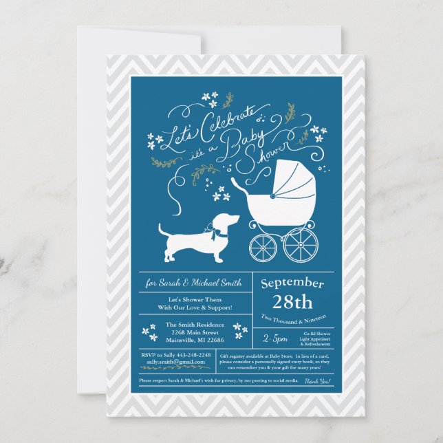 Dachshund Wiener Dog Baby Shower Blue Boy Invitation (Front)