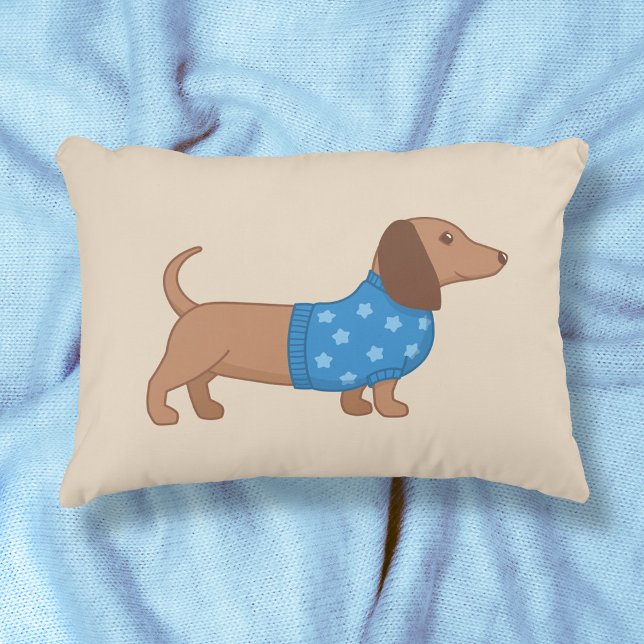 Dachshund Wiener Dog Blue Star Sweater on Beige Decorative Cushion (Creator Uploaded)