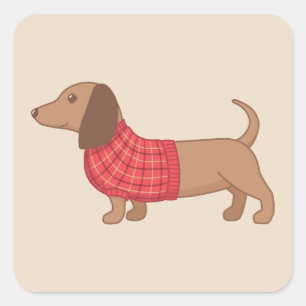 Dachshund Wiener Dog Red Plaid Sweater on Beige Square Sticker