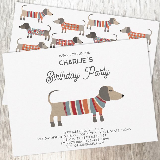 Dachshund Wiener Sausage Dog Birthday Party Invitation (Fun Dachshund Wiener Sausage Dog personalized custom text birthday party invitation)
