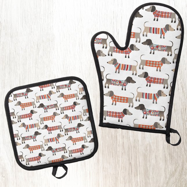 Dachshund Wiener Sausage Dog Oven Mitt & Pot Holder Set (Fun Dachshund Wiener Sausage Dog pattern kitchen oven glove or mitt and pot holder)