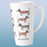 Dachshund Wiener Sausage Dog Personalised Latte Mug<br><div class="desc">Cute little Dachshund sausage or wiener dogs in woolly knitwear. Perfect for dog lovers. Modern typography name.  Original art by Nic Squirrell.  Change the name to customise.</div>