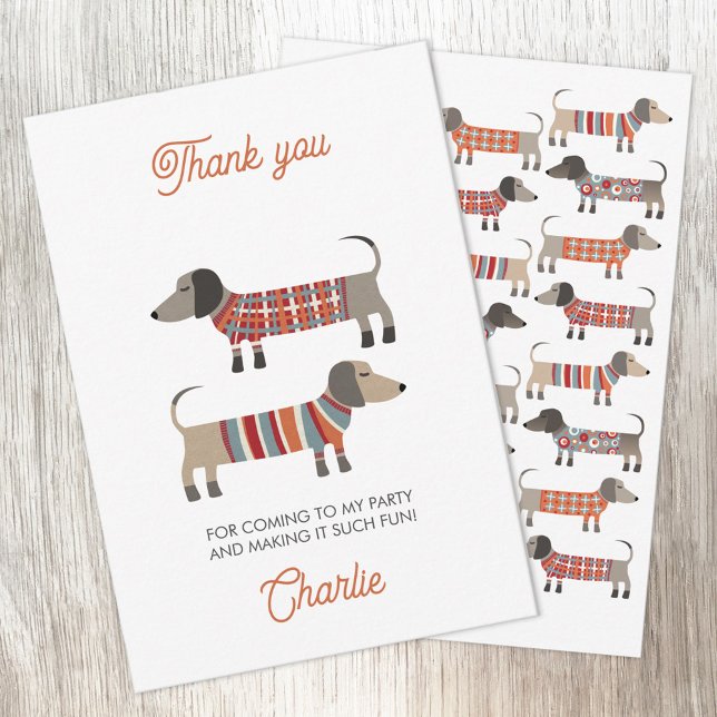 Dachshund Wiener Sausage Dog Personalised Party Thank You Card (Fun Dachshund Wiener Sausage Dog personalized custom text party thank you card)