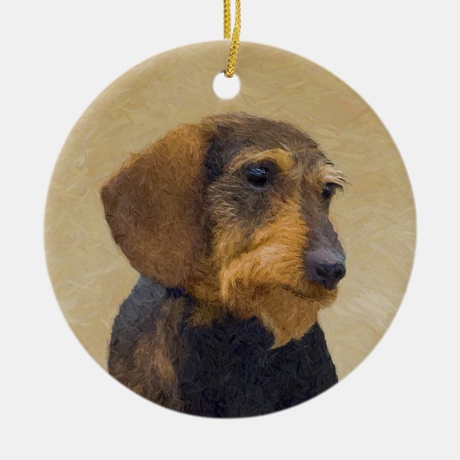 Dachshund (Wirehaired) Painting Original Dog Art Ceramic Tree Decoration (Front)
