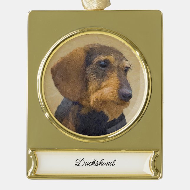 Dachshund (Wirehaired) Painting Original Dog Art Gold Plated Banner Ornament (Front)