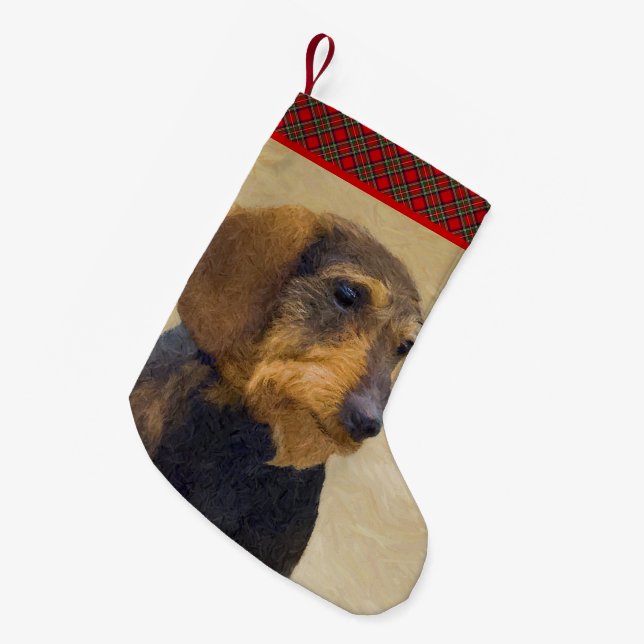 Dachshund (Wirehaired) Painting Original Dog Art Small Christmas Stocking (Front (Hanging))