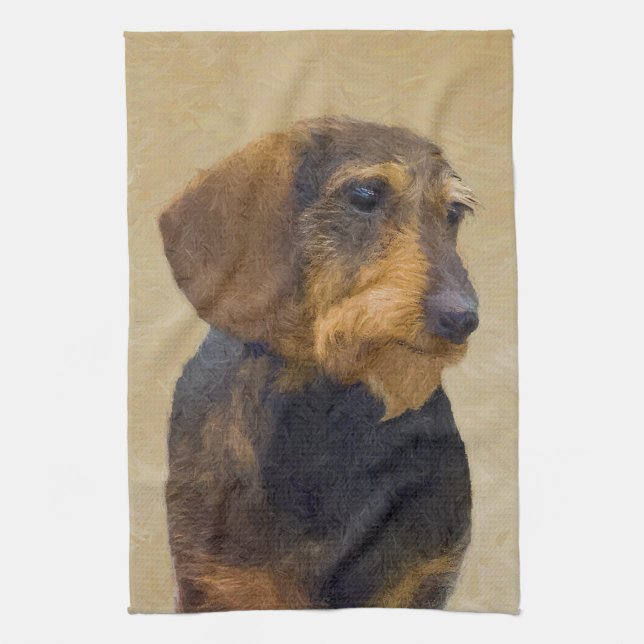 Dachshund (Wirehaired) Painting Original Dog Art Tea Towel (Vertical)