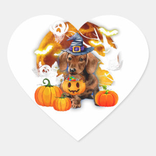 Dachshund Witch Pumpkin Ghost Halloween Custom Heart Sticker