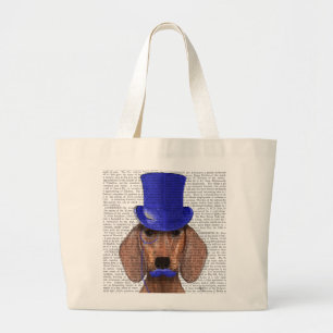 Dachshund With Blue Top Hat and Blue Moustache Large Tote Bag
